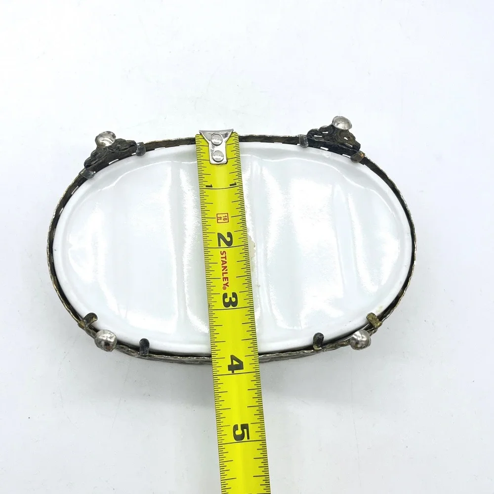 Vintage Oval Ceramic Soap Dish with Ornate Silver Metal Footed Basket